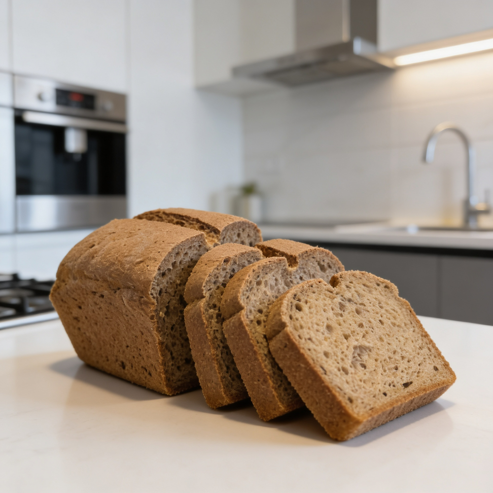 broat® Meisterstück – glutenfreies Kastenbrot aufgebrochen mit lockerer Krume auf Holzbrett, weizenfrei und einfach backen