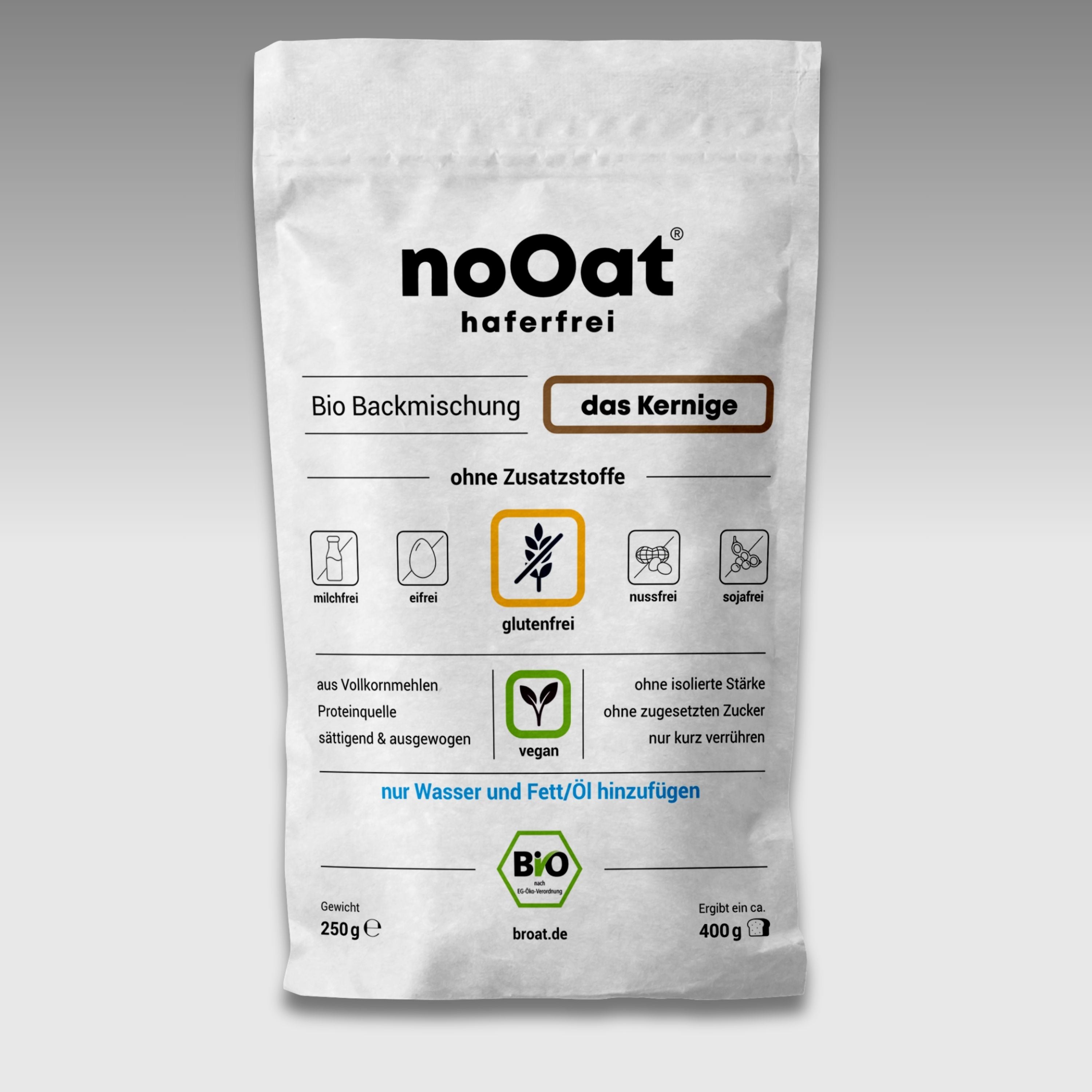 Verpackung der haferfreien Bio-Backmischung noOat Sorte das Kernige. Aufdruck: ohne Zusatzstoffe, glutenfrei, vegan und frei von Milch, Ei, Nüssen und Soja